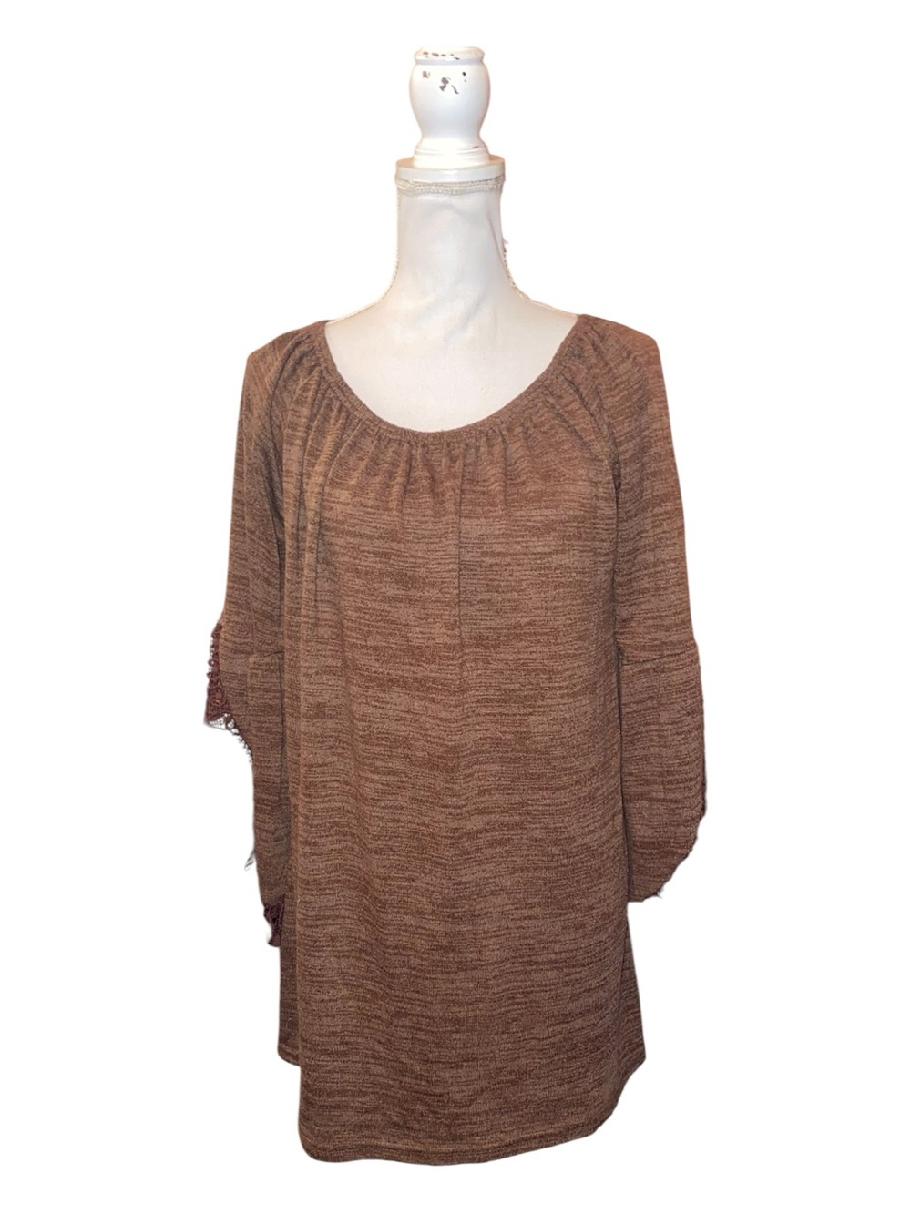 WinWin Boho Heather Knit Lace Bell Sleeve Off Shoulder Tunic Sweater BRN L/XL